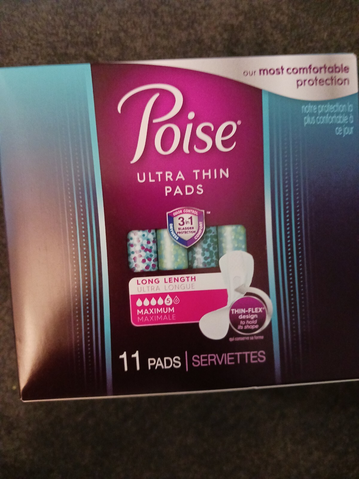 Poise Ultra-Thin Pads Long Length Level 5 Maximum Absorbency 11 Pads (J18)