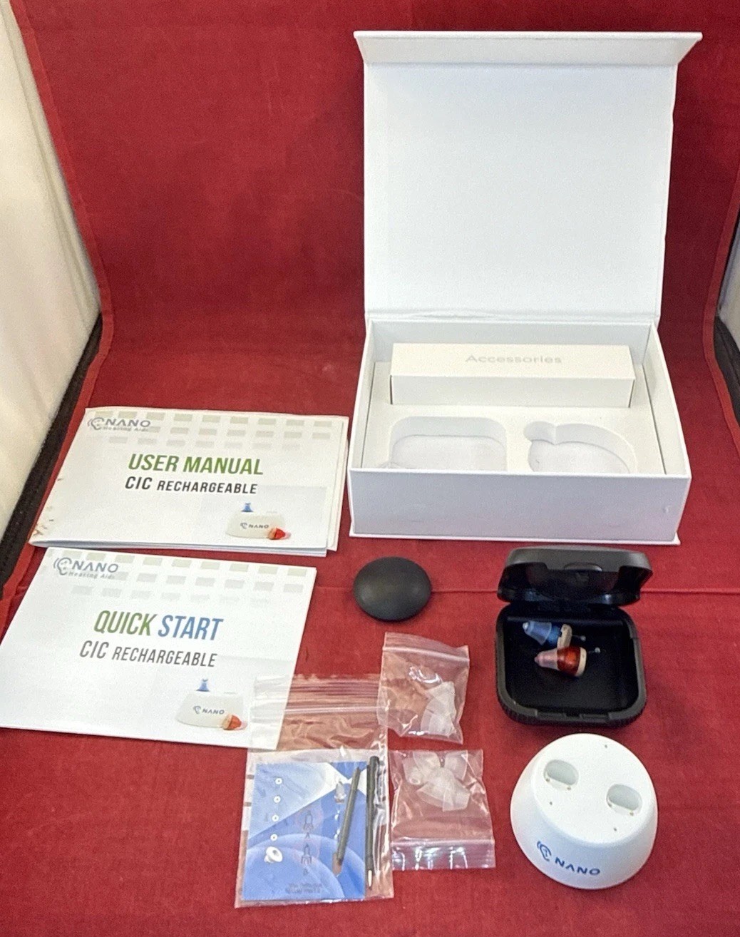 Nano CIC Rechargeable Hearing Aids – Case Charger Red Blue EXCELL – Original Box