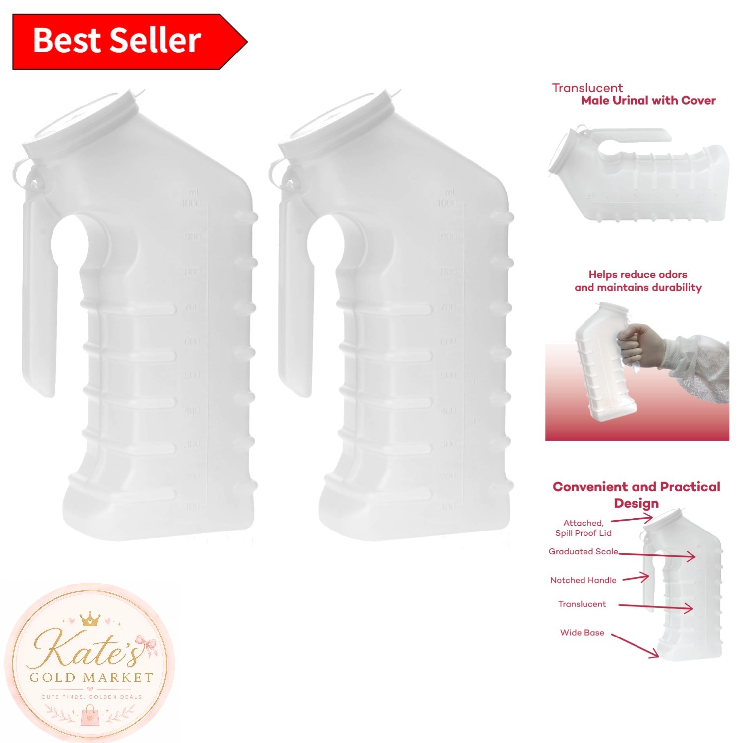 Portable Male Urinal with Lid – Translucent, Leak-Proof & Odor Shield, 2 Pack