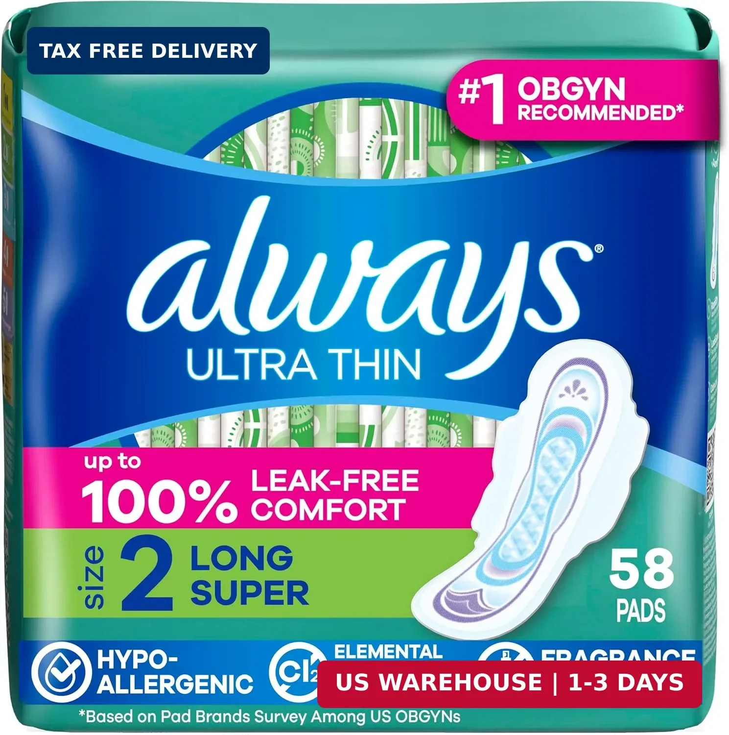 Always Ultra Thin Feminine Pads with Wings for Women, Size 2, Long Super Absorbe