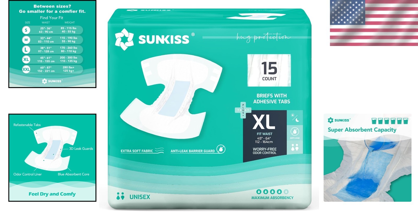 XL Incontinence Briefs with Tabs, Odor Protection, 15 Pack