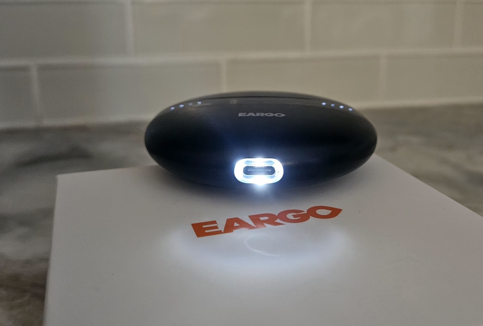 Eargo 7 OTC Hearing Aids Pair w/ Charger, Box, Cord + NEW Closed Petals Mic Caps