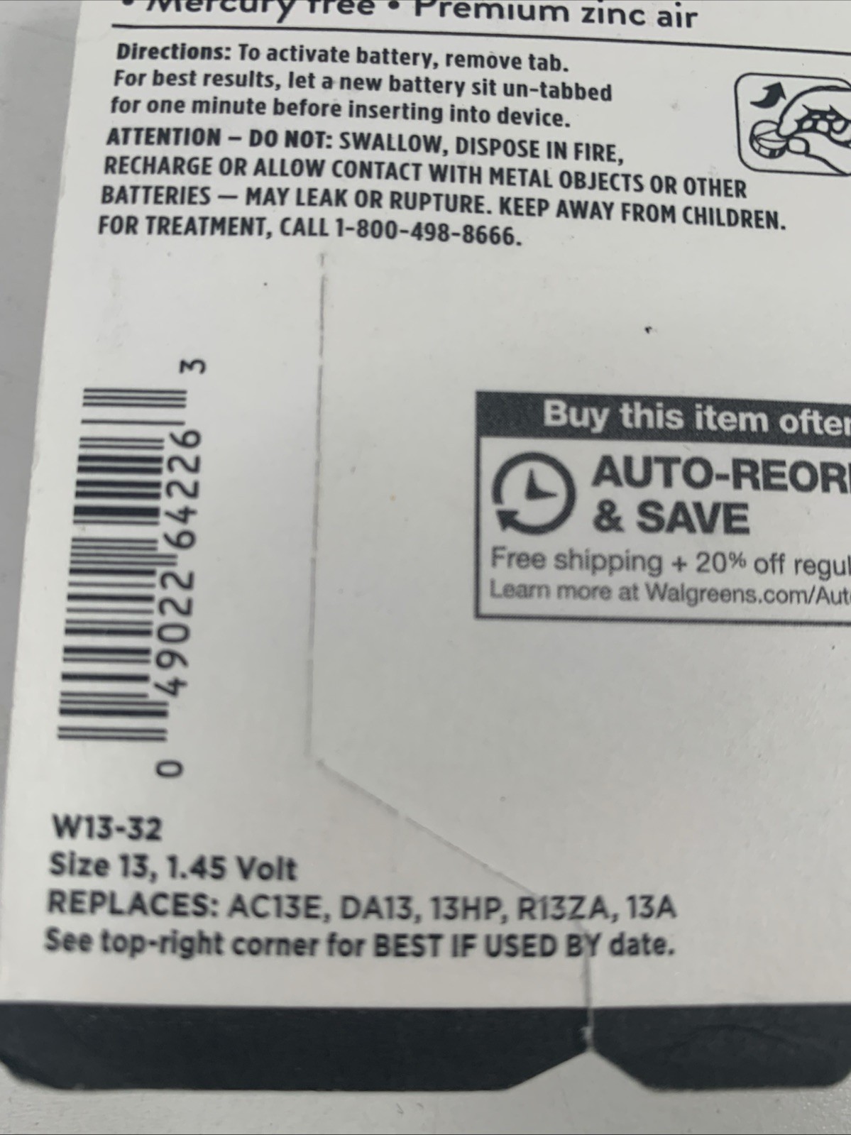 Walgreens Hearing Aid Size 13 Batteries (3) 32 packs 96 total exp 3/2025 NEW