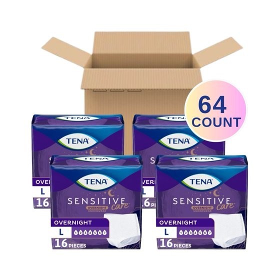 TENA Sensitive Care Overnight Underwear, L, 64 Count (Waist size 32in – 42in)