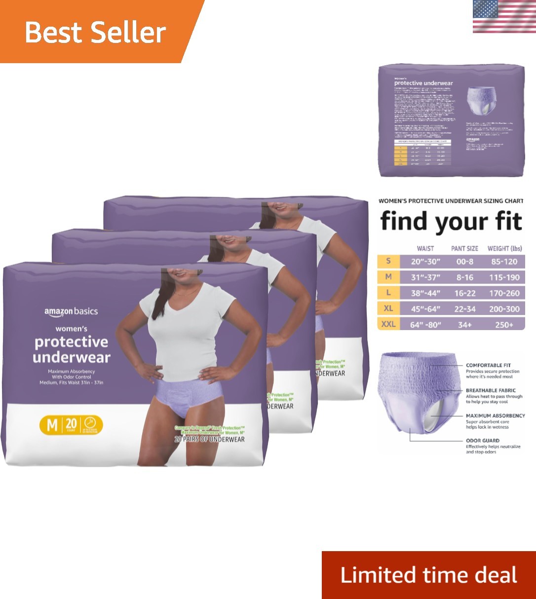 60 Count Women’s Disposable Incontinence Underwear, Maximum Absorbency, Lavender