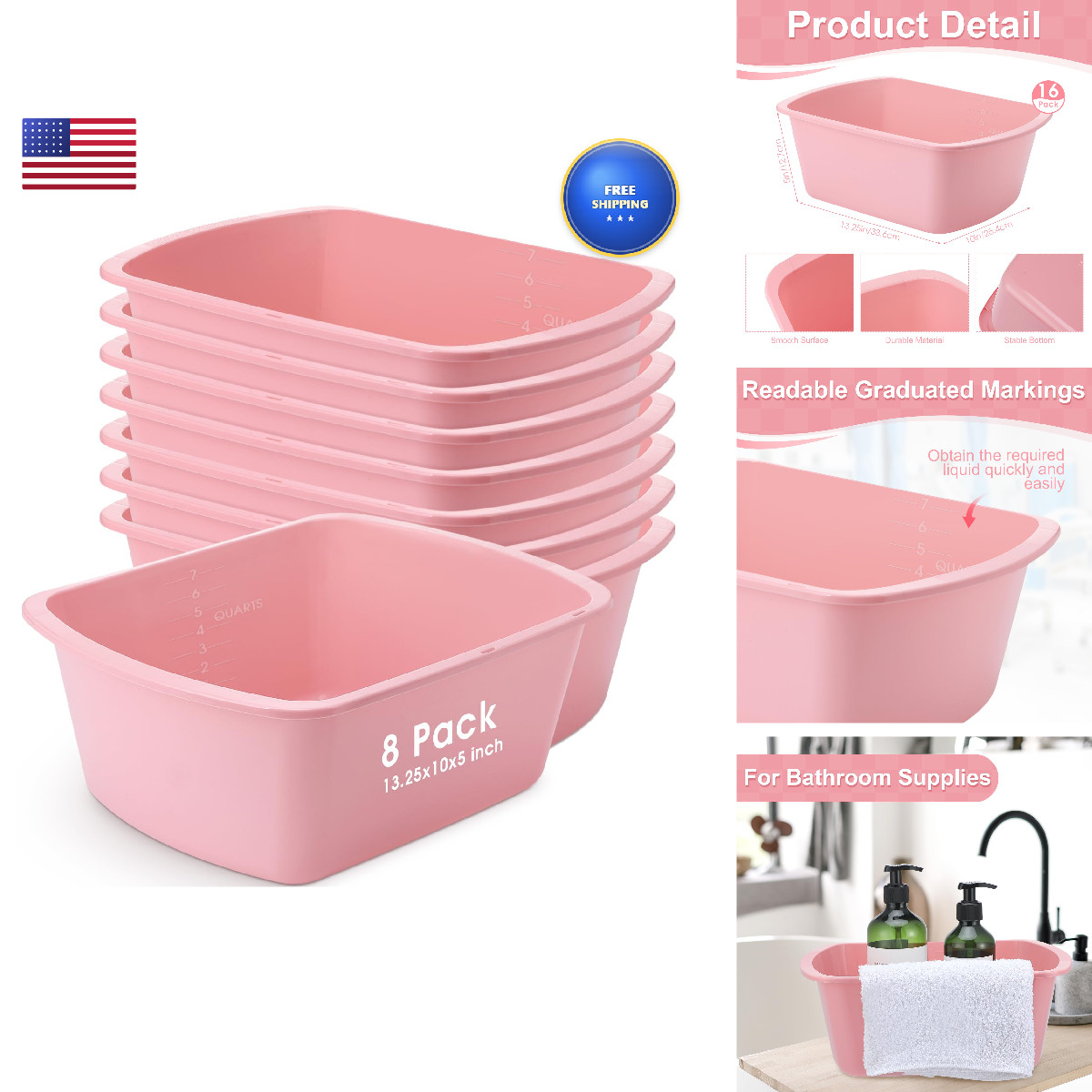 Honeydak 8 Pack Wash Basins Plastic Wash Tub Pink 7 Quart Graduated Buckets