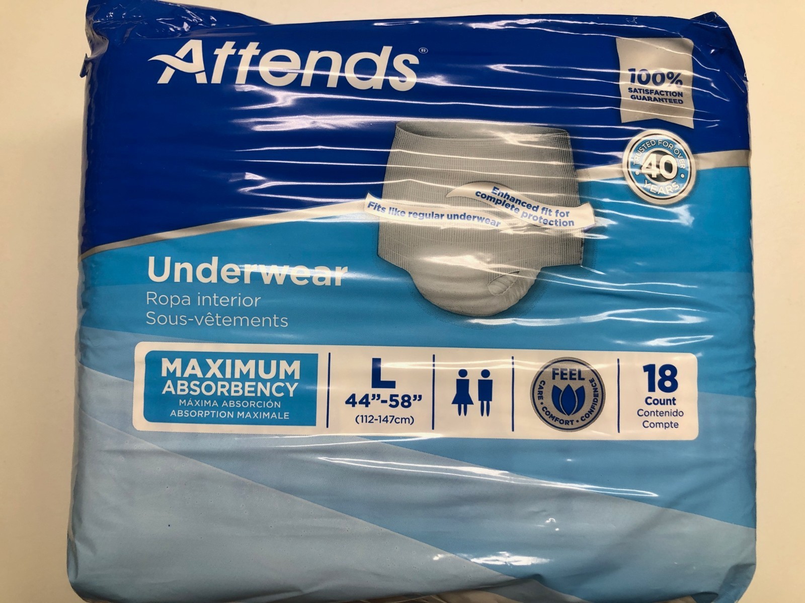 ATTENDS Adult Underwear Diapers LARGE 44″-58″ Maximum Absorbency 18 Ct