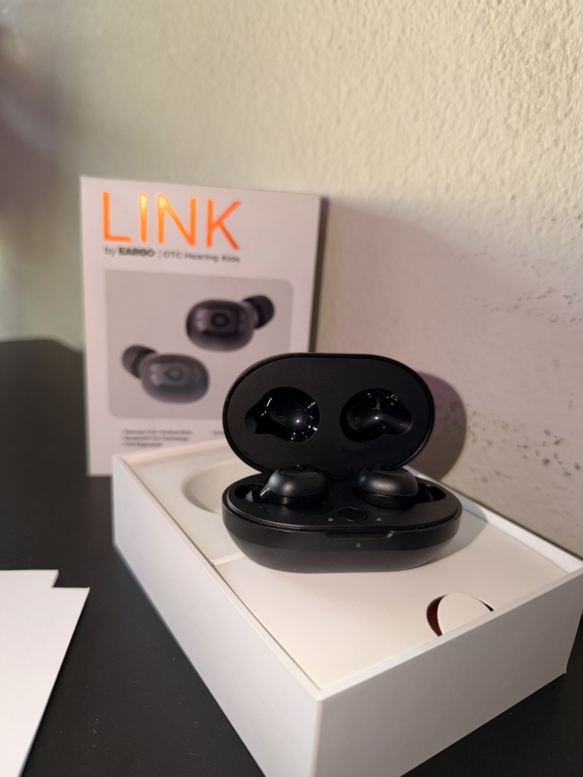 Eargo LINK Rechargeable ITE Hearing Aids, Bluetooth ANC, Charging Case, Black