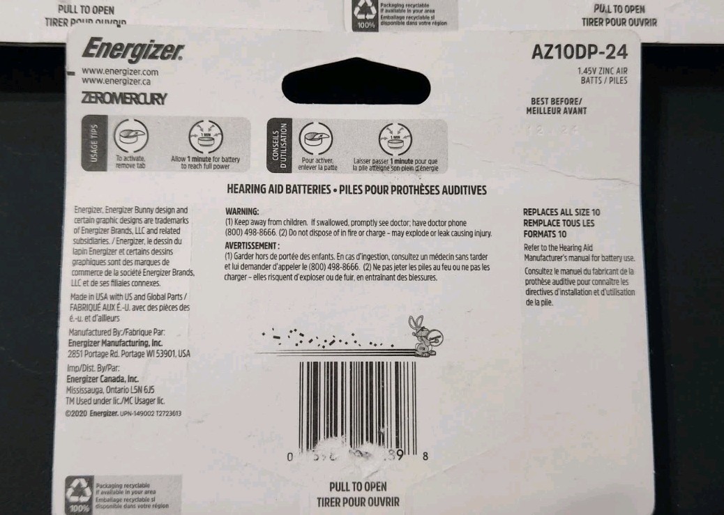 Energizer EZ Turn Lock Hearing Aid Batteries 3 Packs Of 24 Size 10, 72 Batteries
