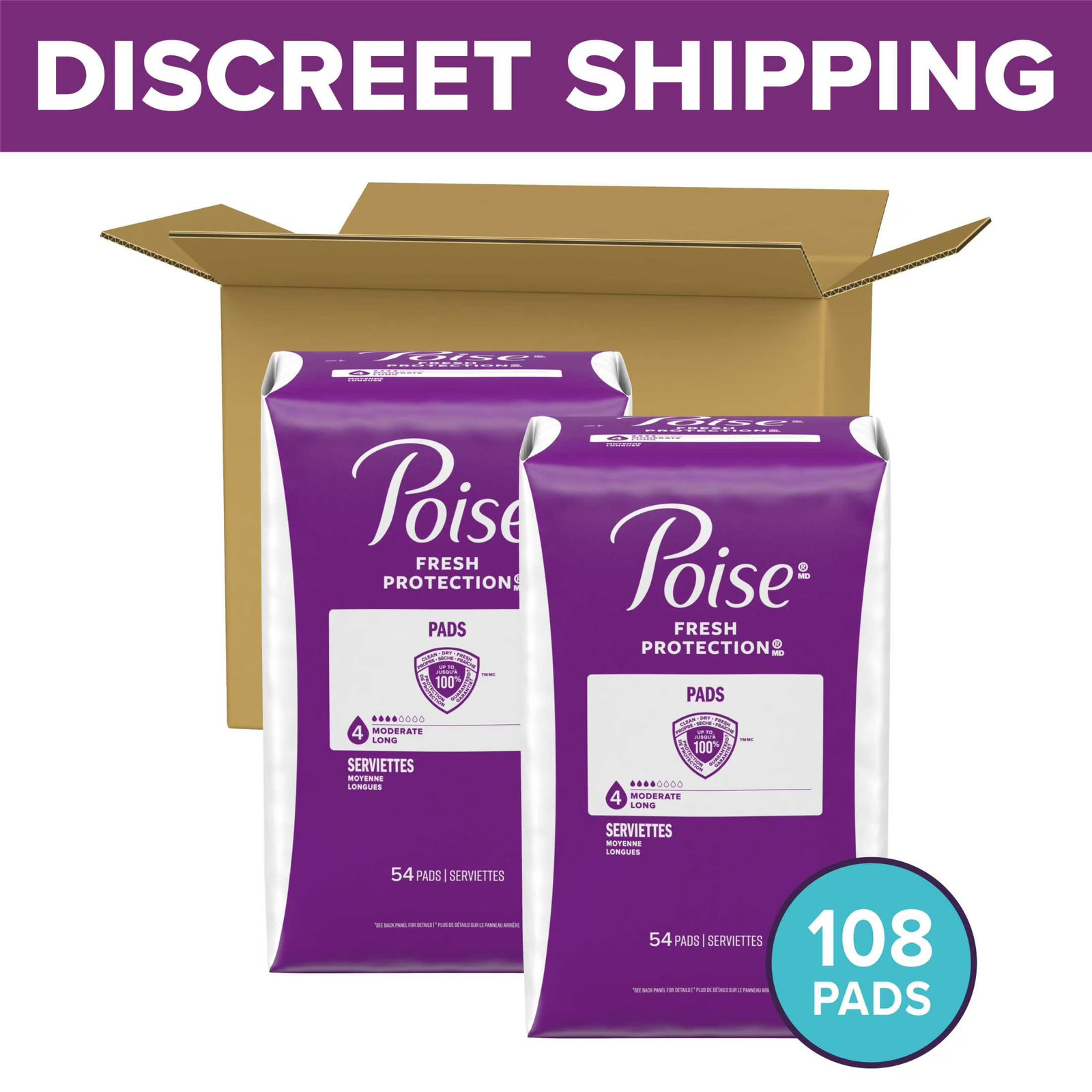 Incontinence Pads for Women, 4 Drop Moderate Absorbency, Long Length, 108 Count