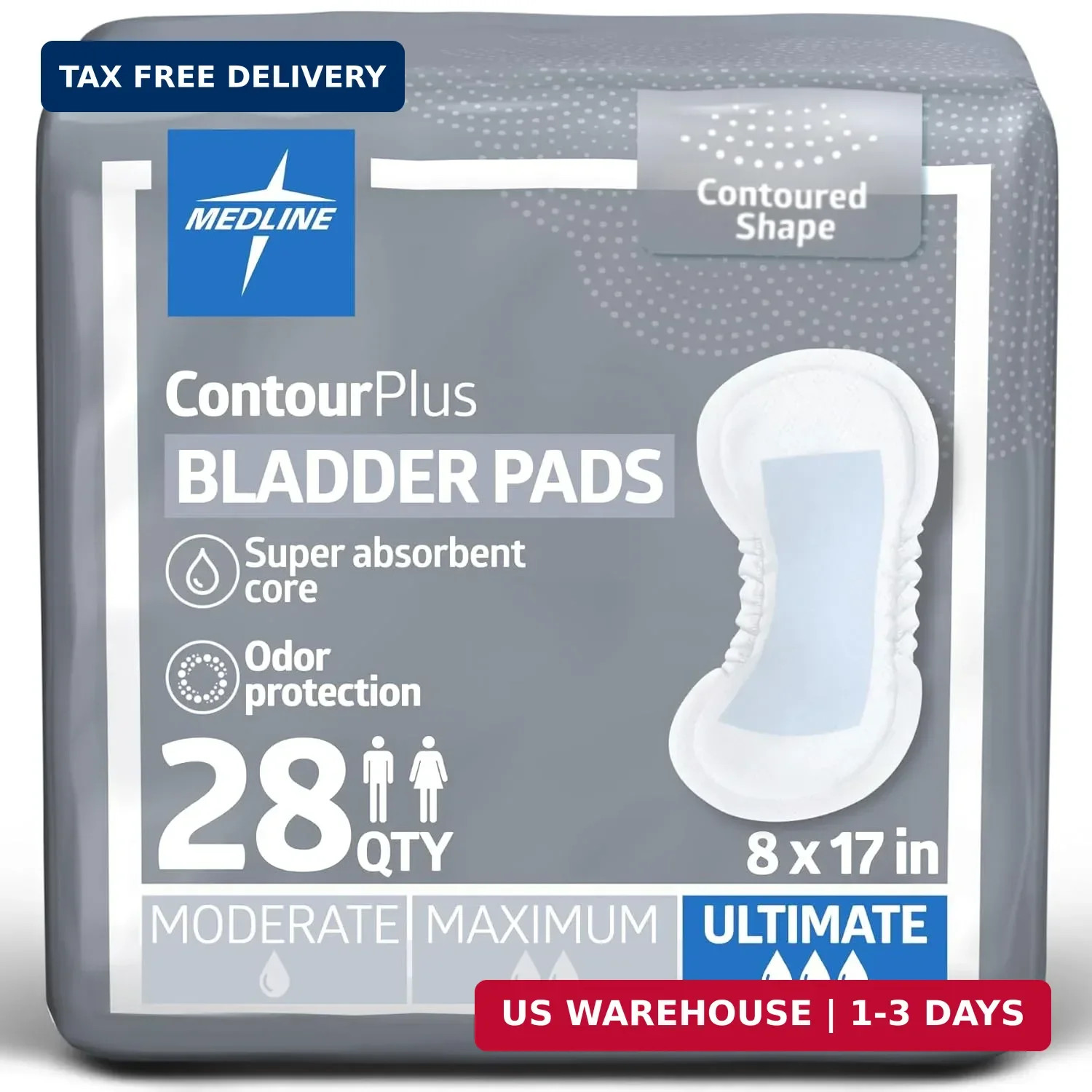 Medline ContourPlus Bladder Control Pads, Ultimate Absorbency, 8 x 17 Inches, Ba