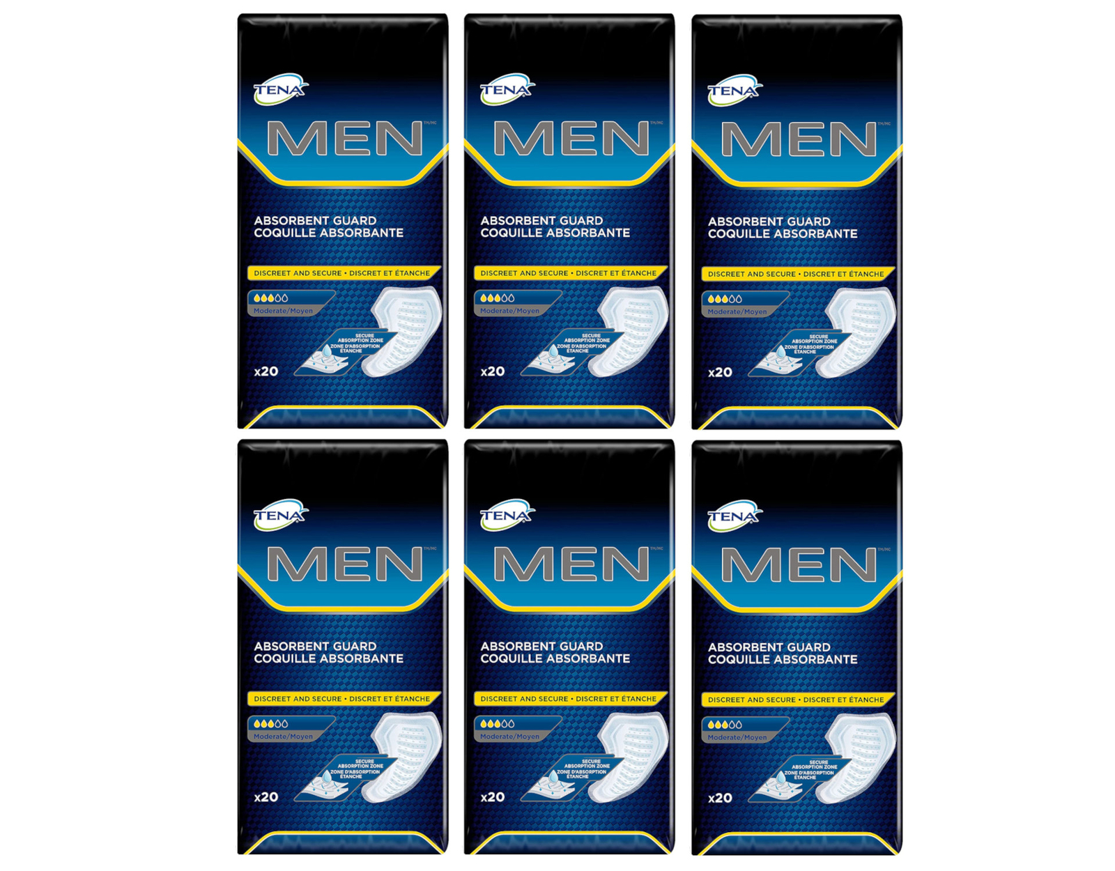 6 Pack of TENA Incontinence Guards for Men, Moderate Absorbency 20 ct
