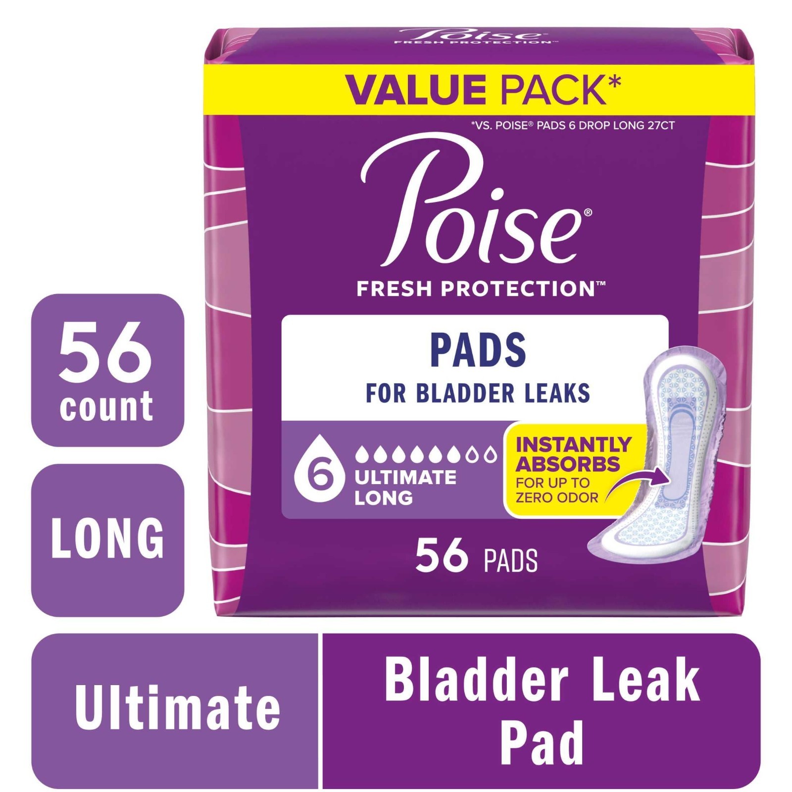 2 Pack Poise Incontinence Pads Women Ultimate Absorbency Long 56 Count