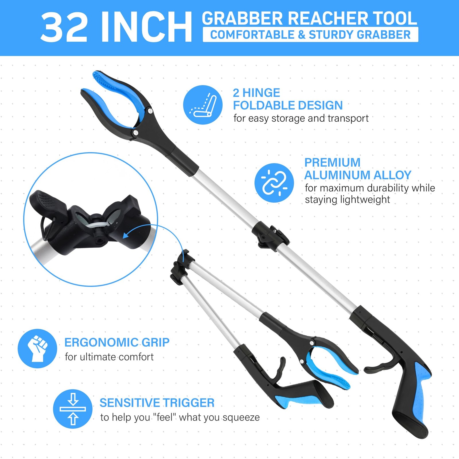32″ Grabber Reacher Tool – 3 Pack Foldable Reacher Grabber Pickup Tools for S…