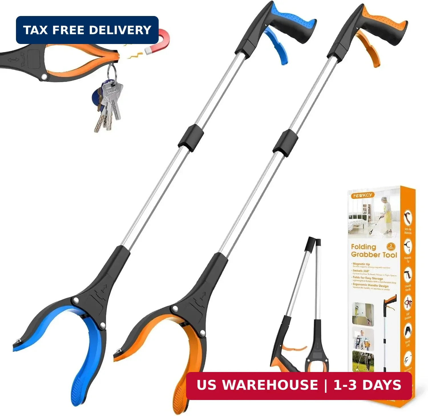 32″ Grabber Reacher Tool, 2-Pack Foldable Reacher Grabber Pickup Tool with 360°