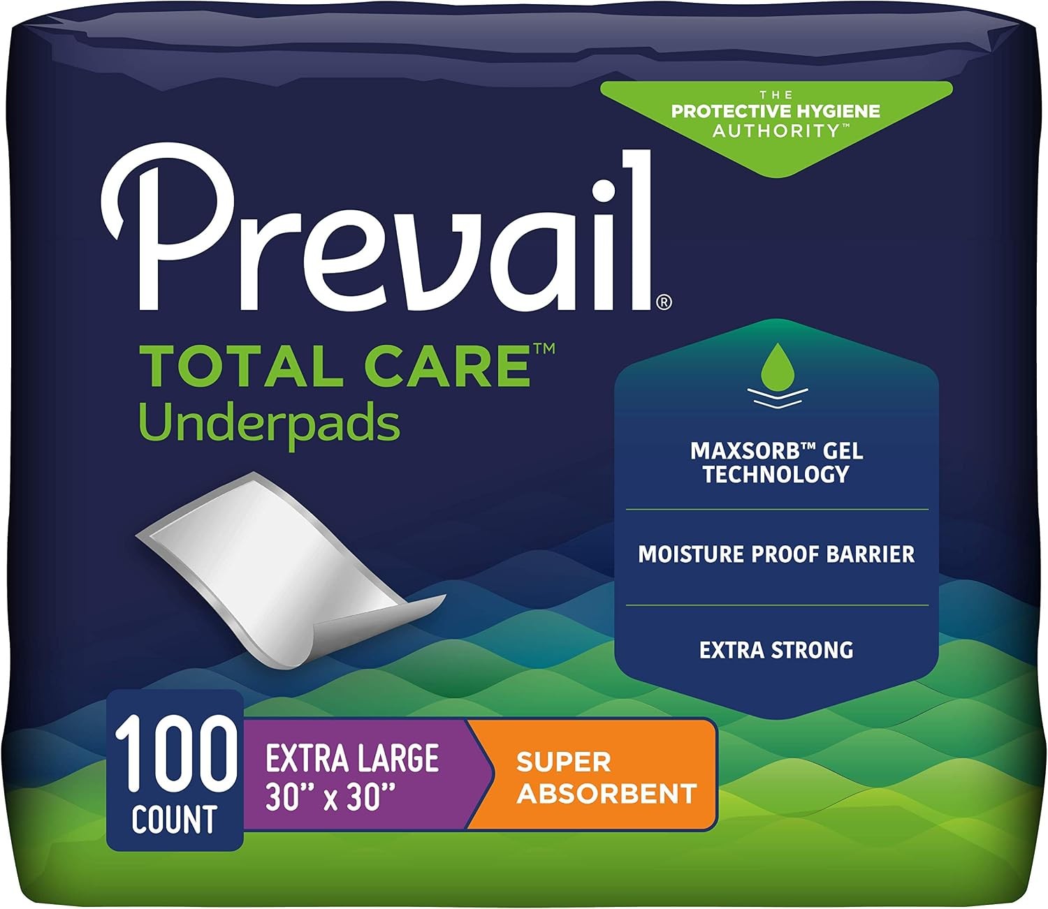 Prevail Total Care Disposable Underpad, 30″ x 30″, Super Absorb, Case of 100