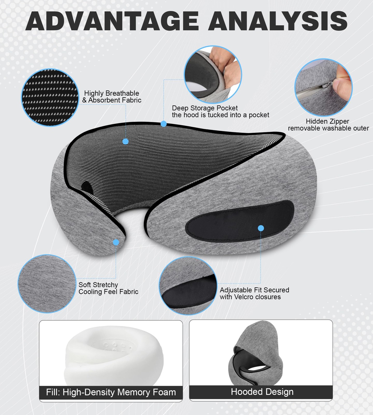 Travel Neck Pillow, Newly Upgraded Hooded Uniform code, Light Grey