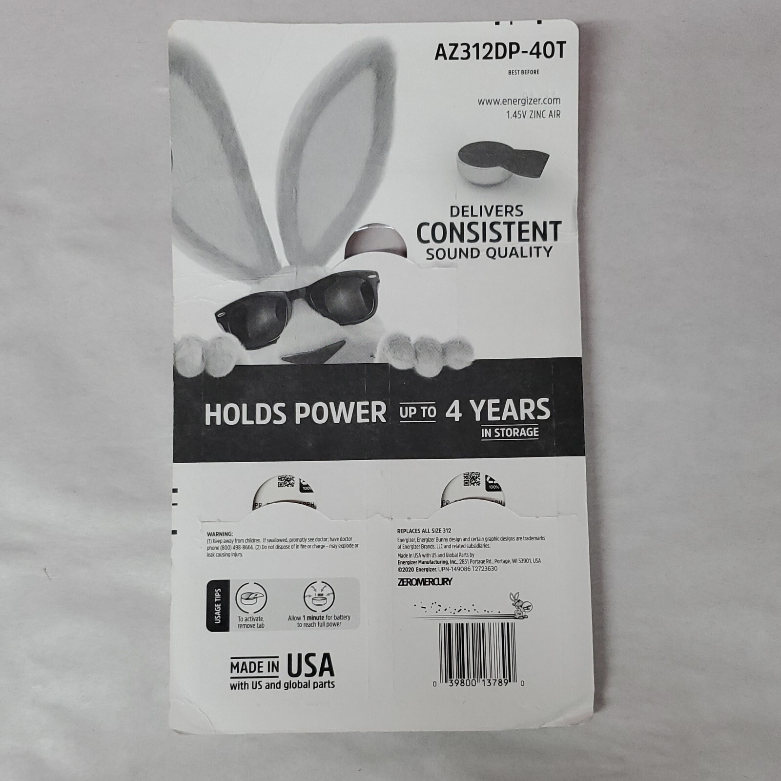 Energizer Hearing Aid Size 312 Batteries, 32 Count EXP 04/2025 1.45 V Zinc Air