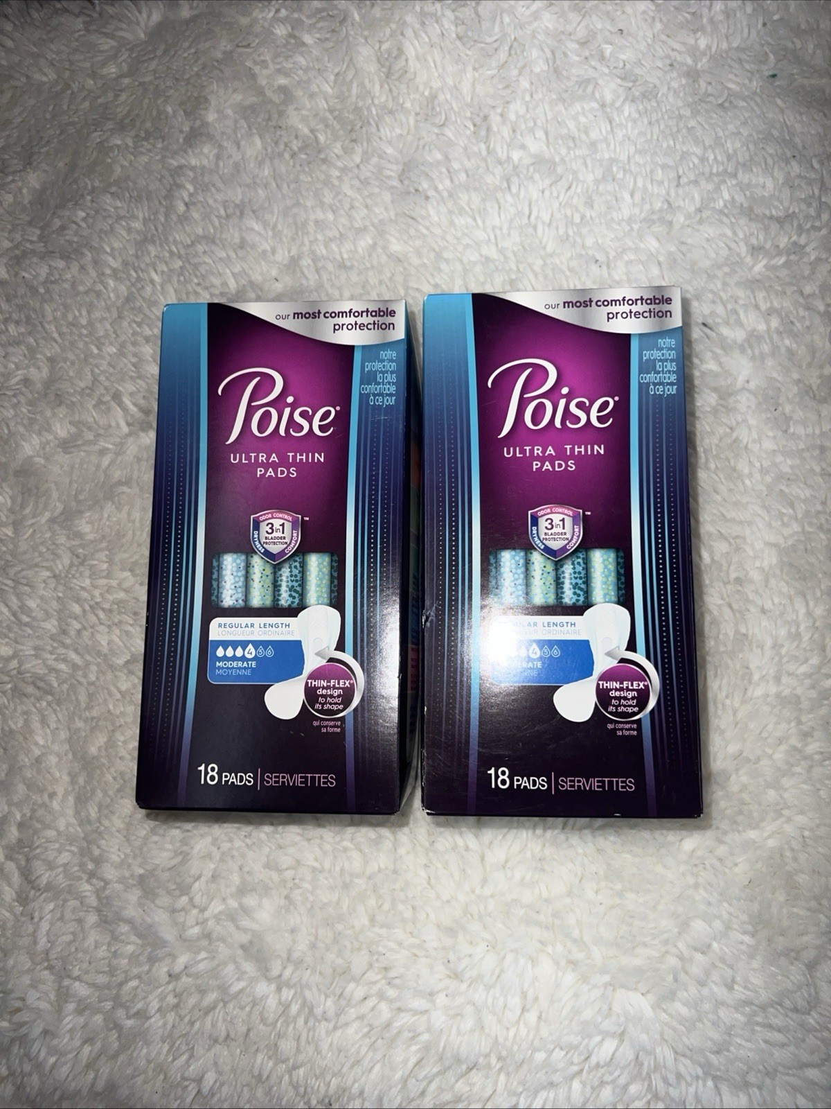LOT OF 2 POISE ULTRA THIN PADS REGULAR LENGTH LIGHT 18 PADS PER PACK