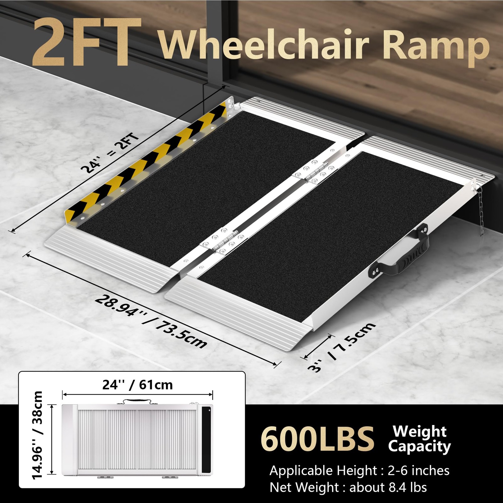 Sdroiixy 2Ft Portable Ramp Aluminum Ramps Handle Anti-Slip Folding Wheel Chair