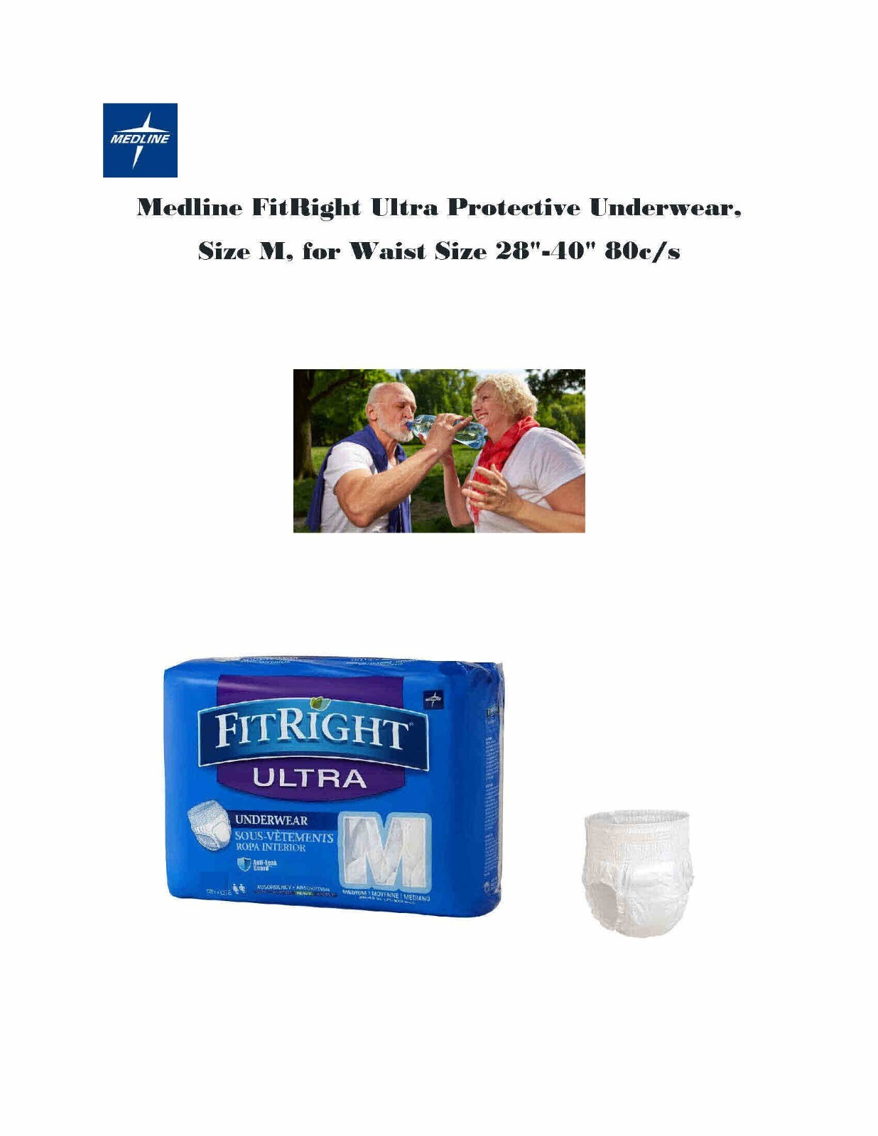 Medline FitRight Ultra Protective Underwear, Size M, Waist Size 28″-40″ 80ct