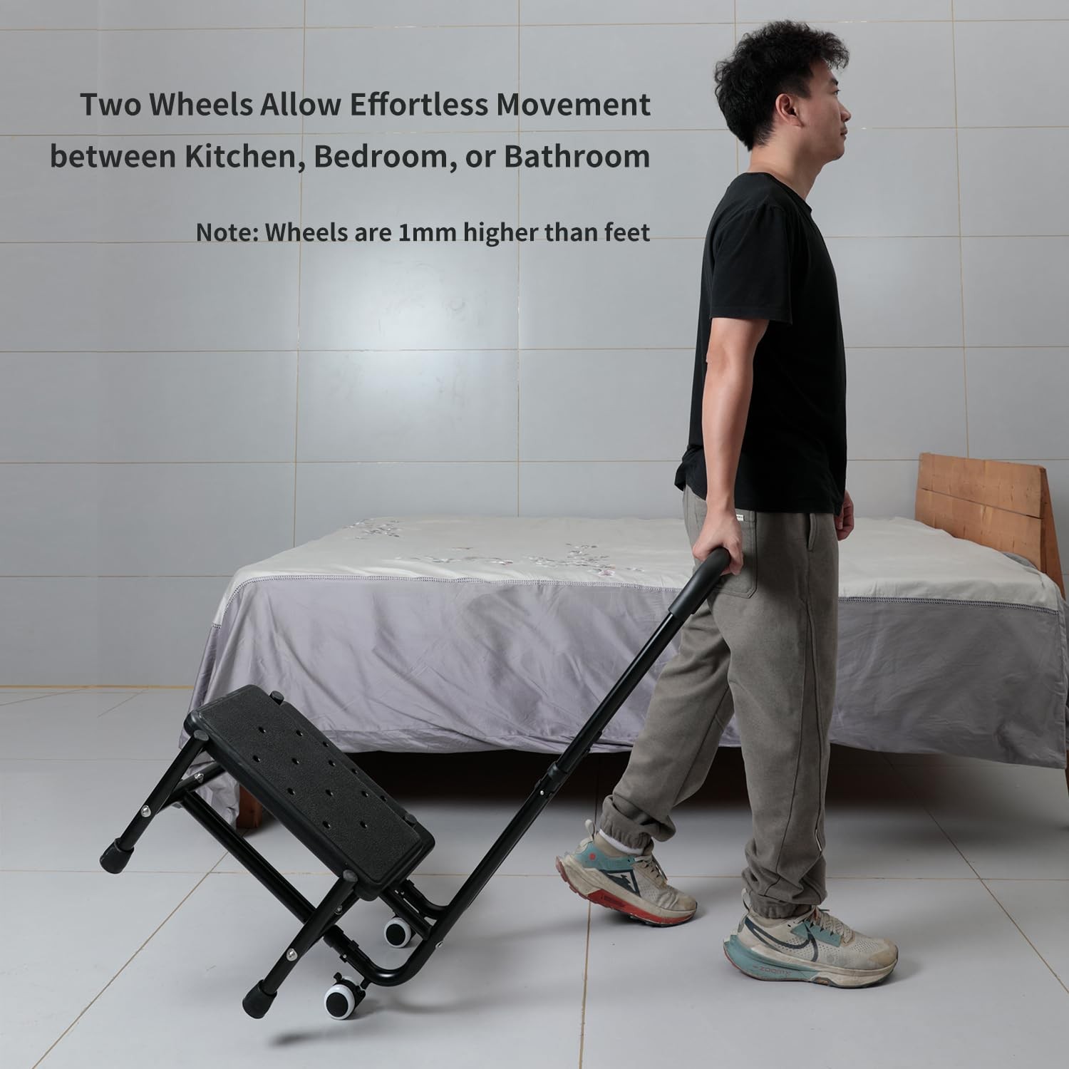 2 Step Stool with Handrail & 2 Casters for Elderly, Bed Steps for High Beds f…