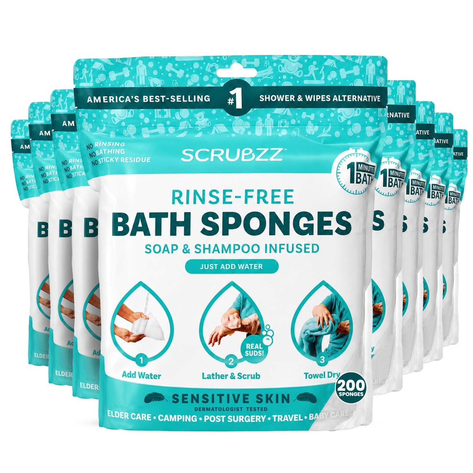 Disposable No Rinse Bathing Wipes for Sensitive Skin – 8-Pack Shower Wipes, Easy