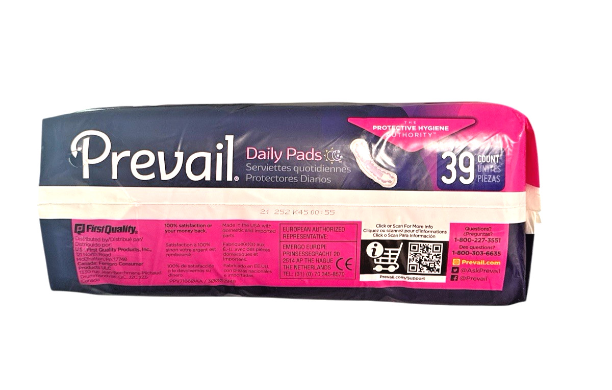 Prevail Daily Pads Maximum Absorbency Incontinence Bladder Leak Protection 39 Ct