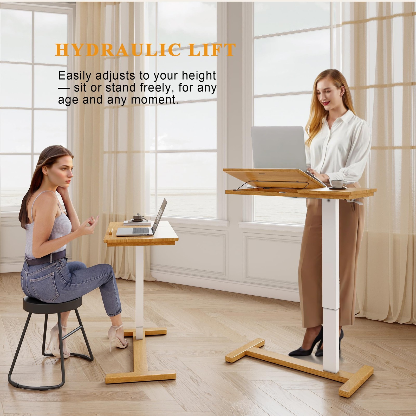 Iunvr Solid Wood Overbed Bedside Table Hidden Casters Adjustable Hospital Bed