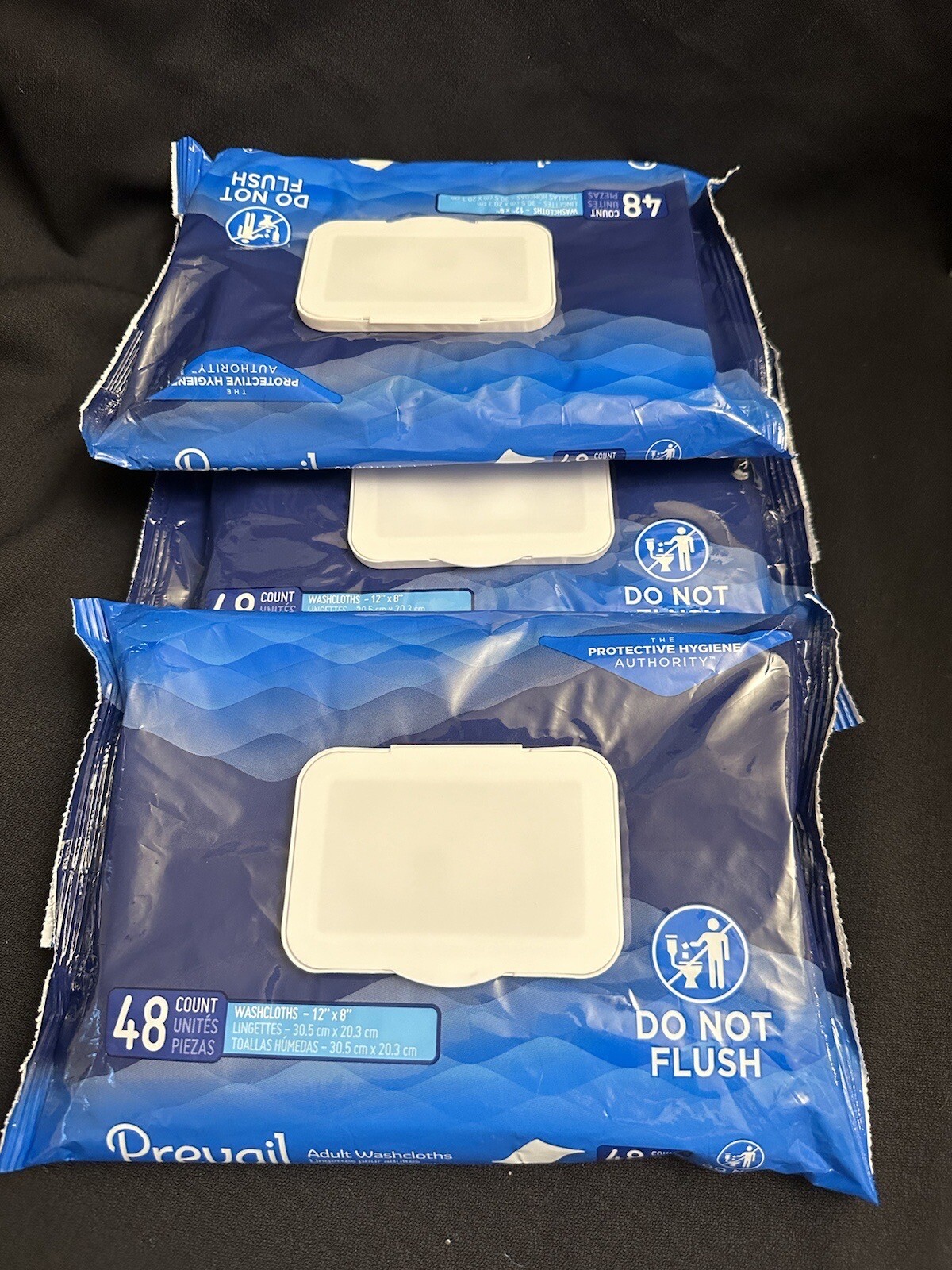 Lot of 3 Prevail Adult Washcloths Disposable Cleaning Aloe Vitamin E Sealed New