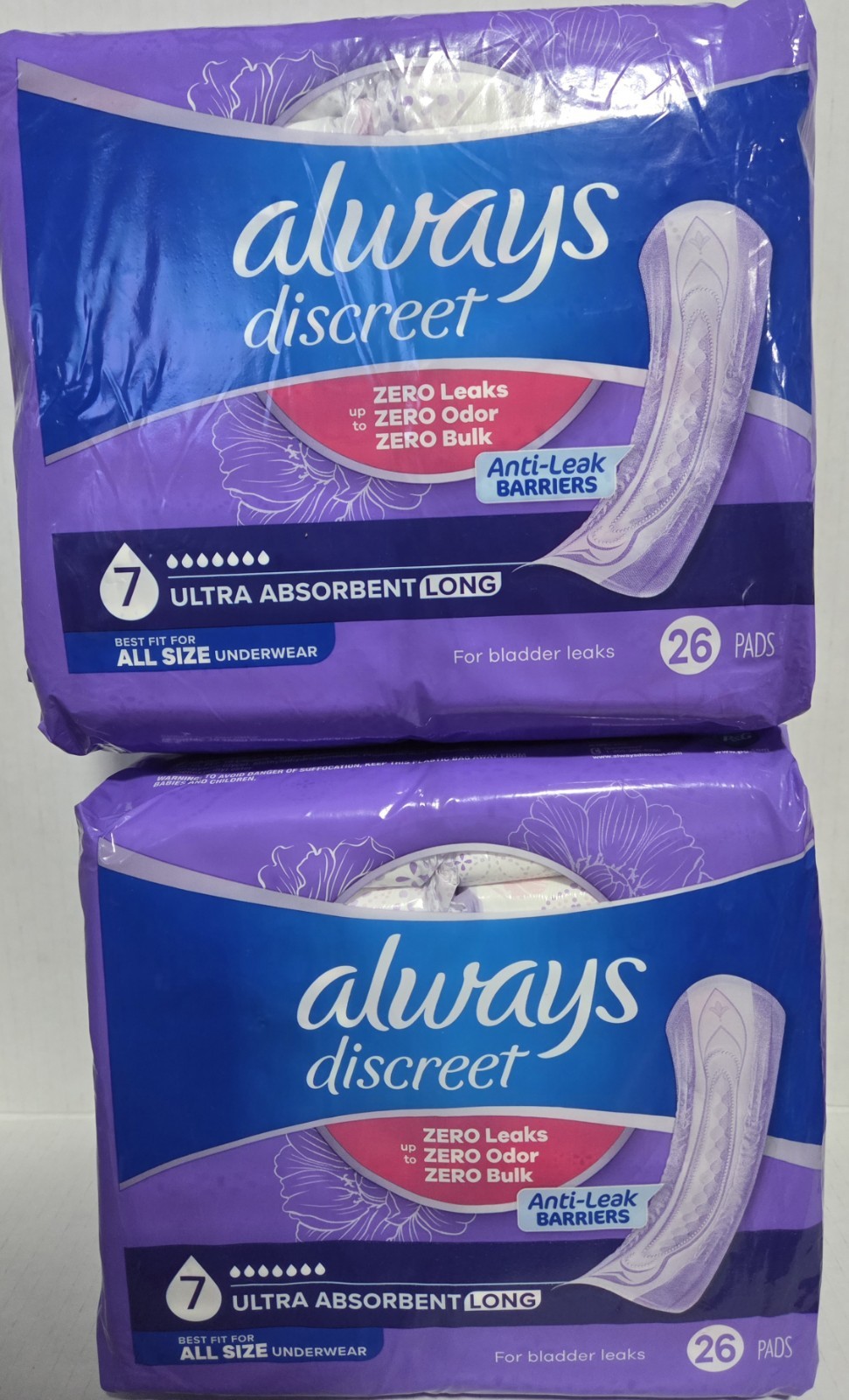 Always Discreet Ultimate Extra Long 7 Incontinence Pads 52 Ct 2 Packages