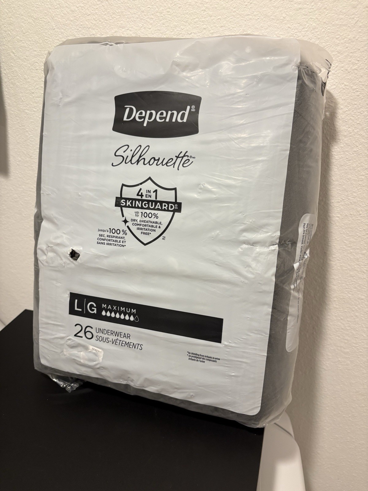 Depend Silhouette Incontinence & Postpartum Underwear L 26 CT Gray Grey Rips