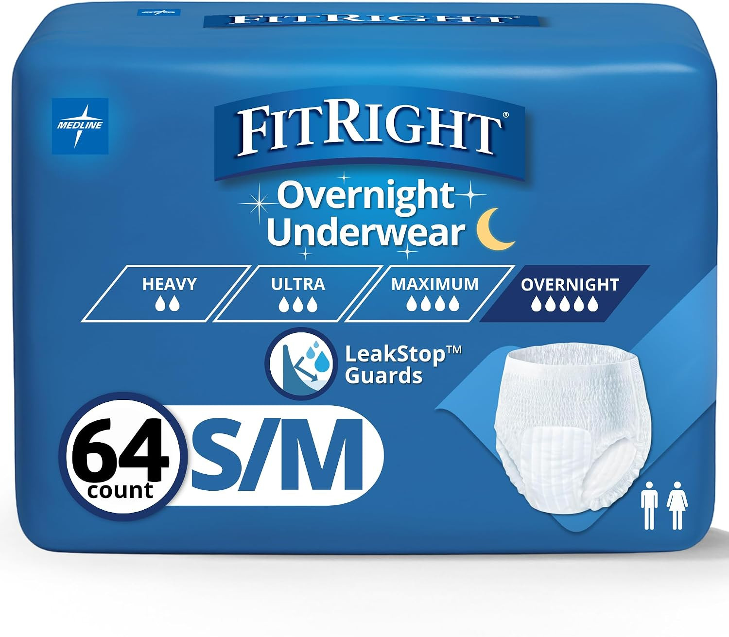 Overnight Unisex Underwear, Small/Medium (28-40 in Waist), 64 Count (4 Bags of 1