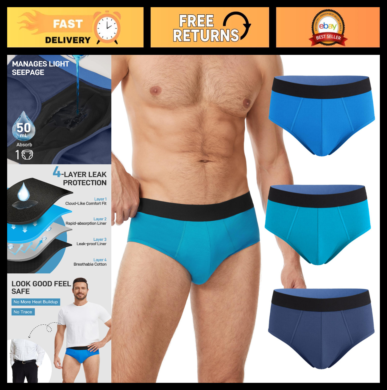 Men’s Incontinence Underwear – Washable Cotton Briefs, 50ml Absorbency, 3 Pack