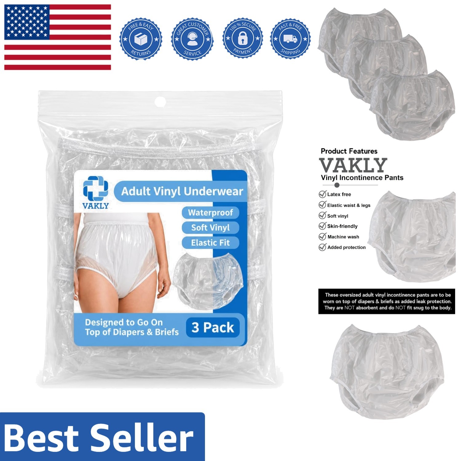 Soft Vinyl Incontinence Pants: Oversized Leak Protection for Adults, 3-Pack