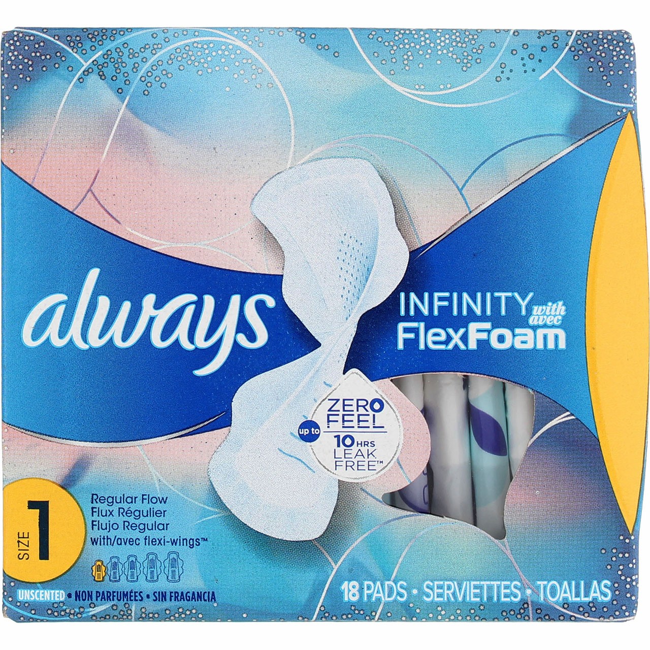 3 Pack Always Infinity Pads, Size 1 Regular, with Flexi-Wings, Unscented, 18 Ct