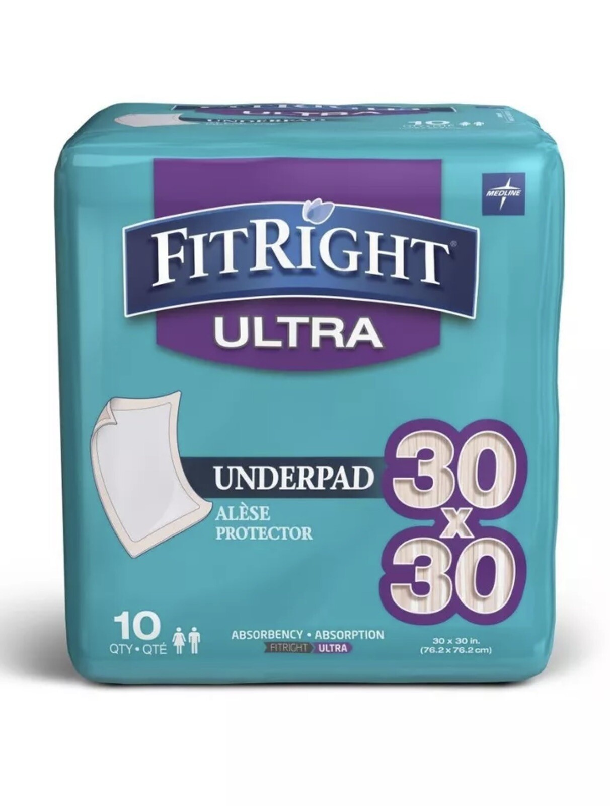 Medline FitRight Ultra Absorbent Underpad 30×30″ One Pack, 10 pads total