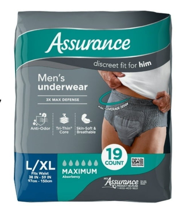 Assurance Men’s Incontinence Pants L/XL Gray Maximum Absorbency 19 Anti-Odor