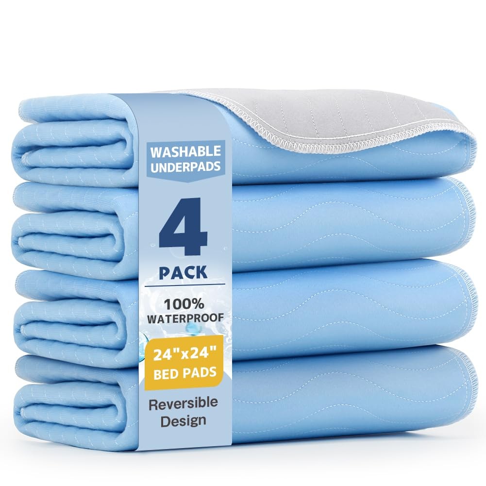 Washable Underpads 24″x24″(4 Pack)– Dual-Sided & Ultra-Thick, Heavy Duty Wate…