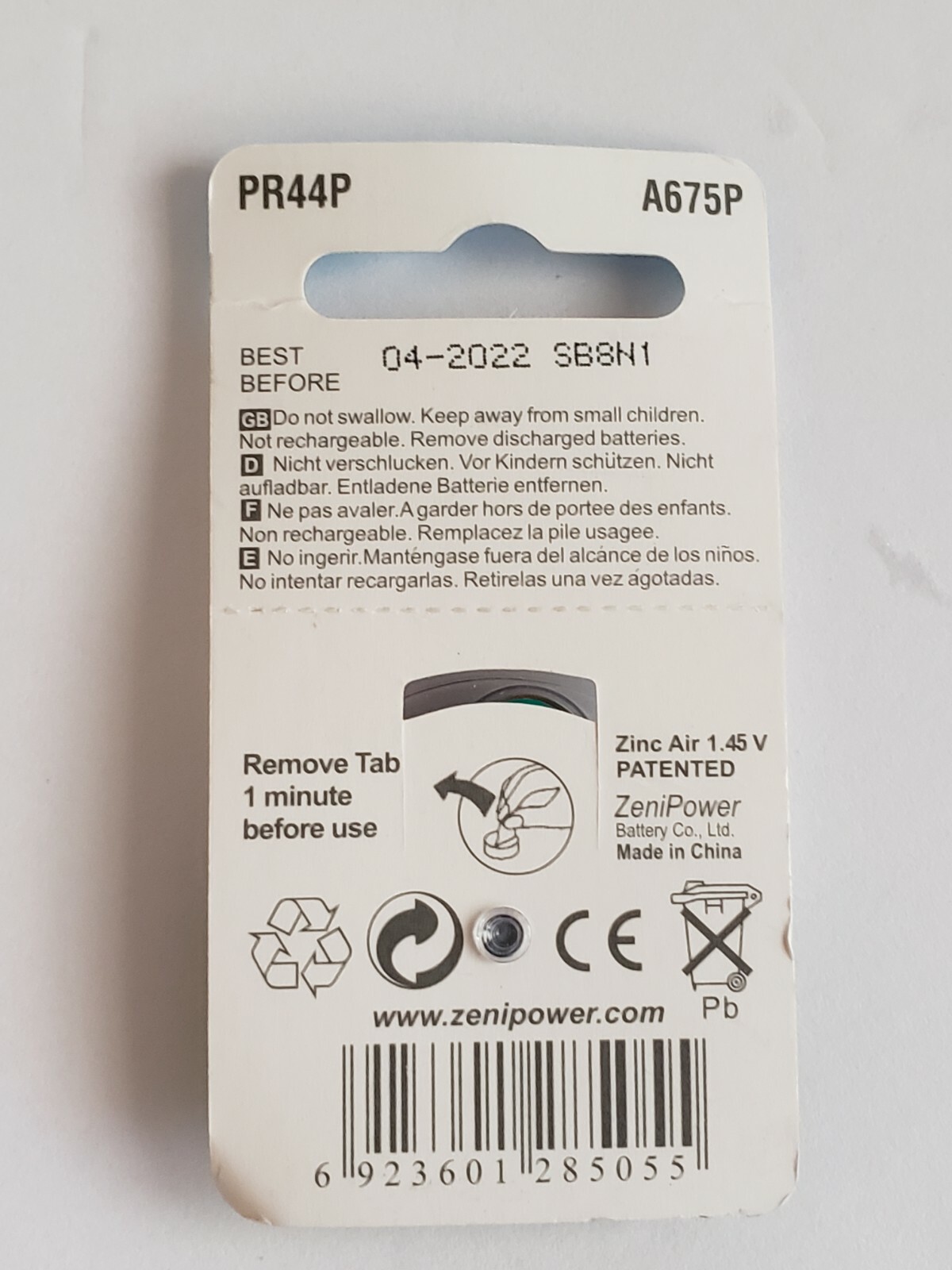 ZeniPower MF A675P Size Hearing Aid Batteries Cochlear Implant PR44P BBD 4/2022