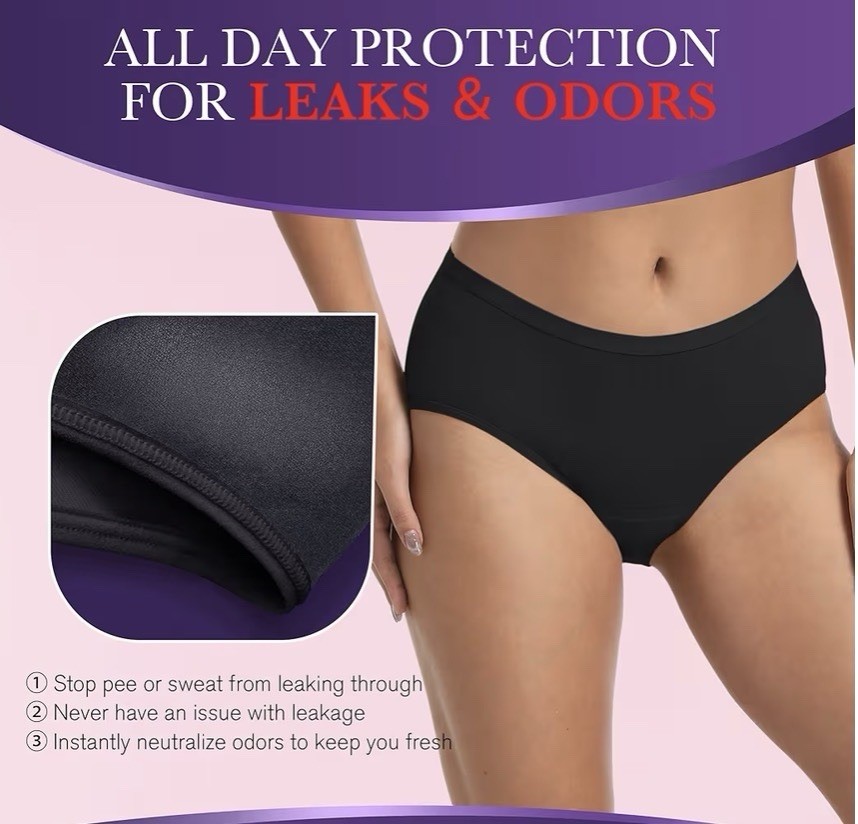 REELINDRY Women’s Absorbent Underwear Black M Leak Proof Odor Lock All Day, 3 pk
