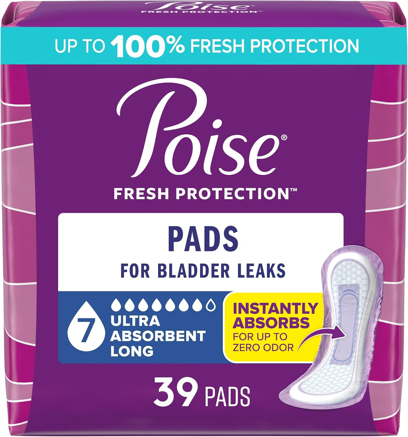 Poise Incontinence Pads for Women, 7 Drop Ultra Absorbency, Long Length, 39 Ct