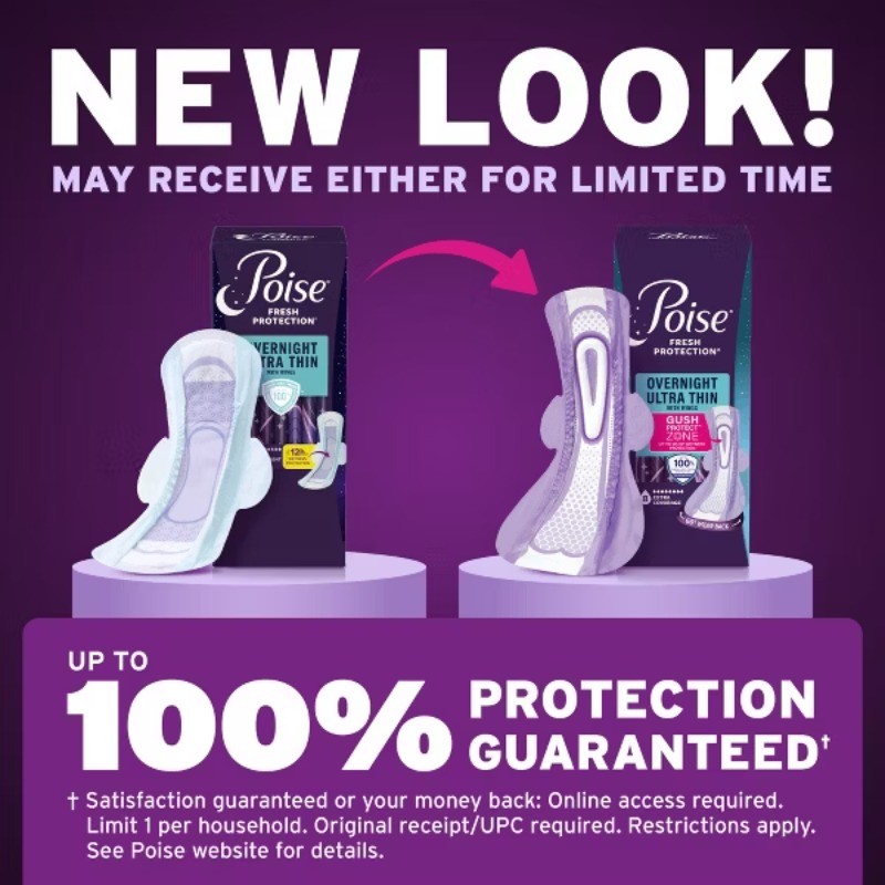 Poise Ultra-Thin with Wings Long Overnight Pads – 60ct