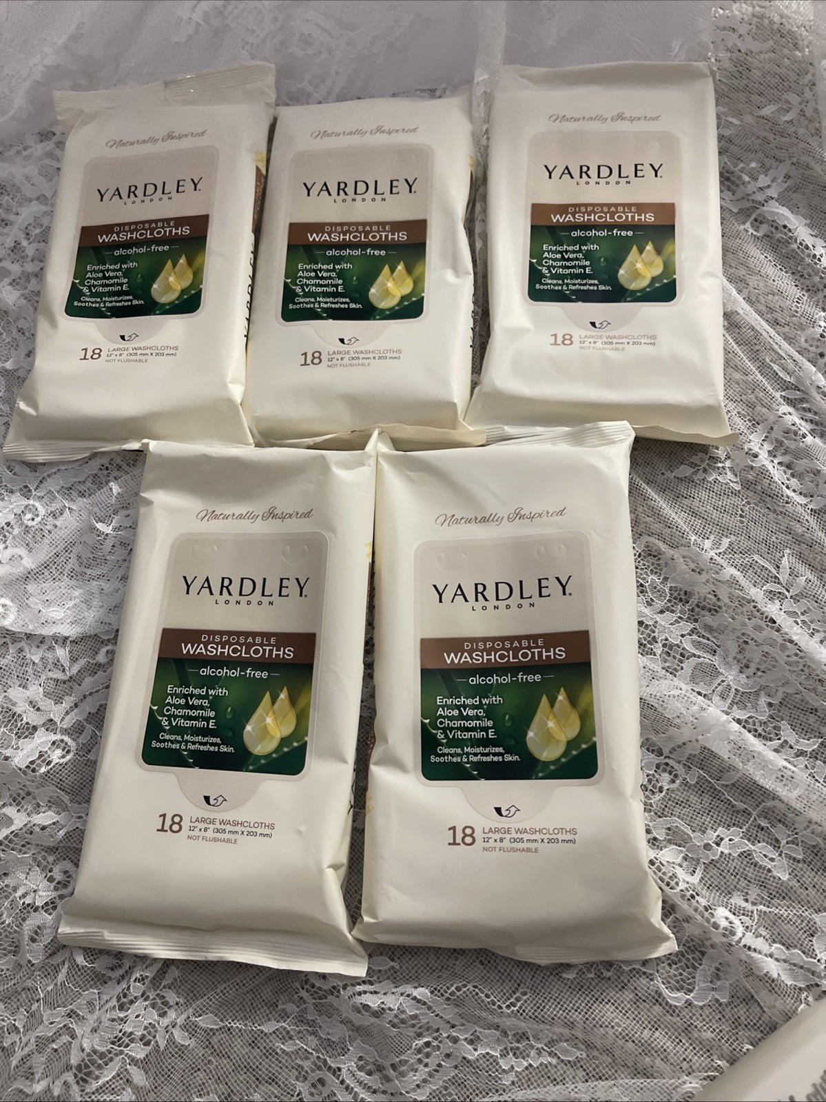 Lot of 5 Yardley London BODY WIPES 18 ct. Disposable Wash Cloths 12×8″ 108 CT