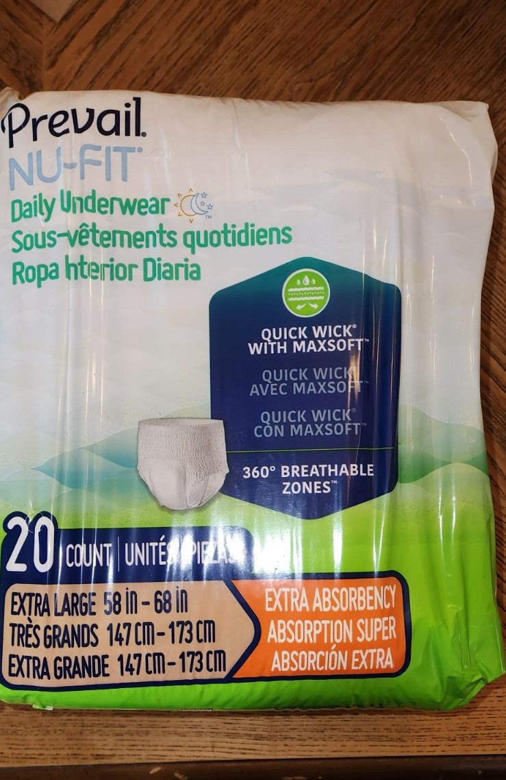 20 count Prevail Nu Fit adult diapers with extra absorbancy.