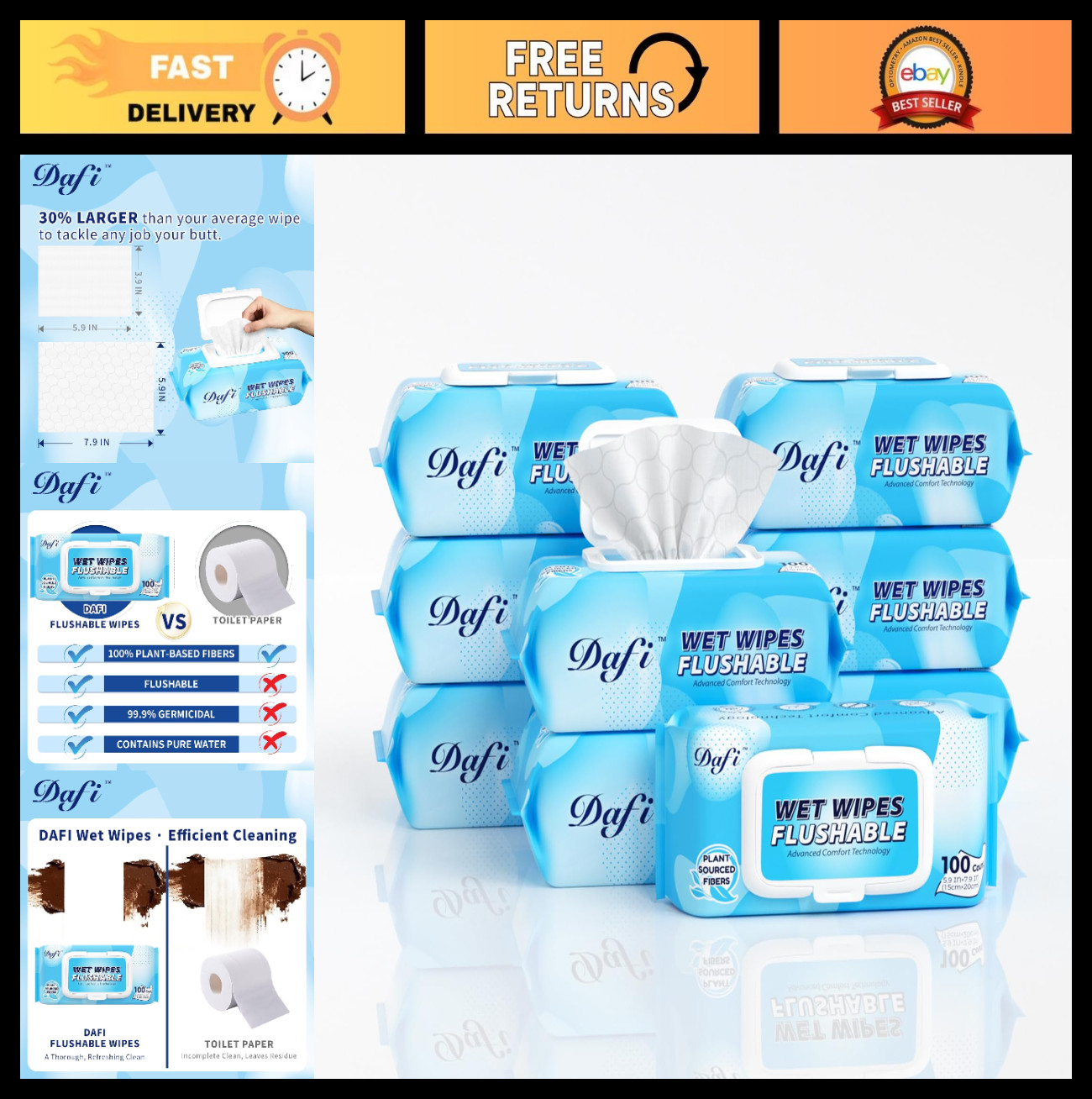 Flushable Adult Wet Wipes – 900 Unscented, 100% Plant-Based, Alcohol-Free, Septi