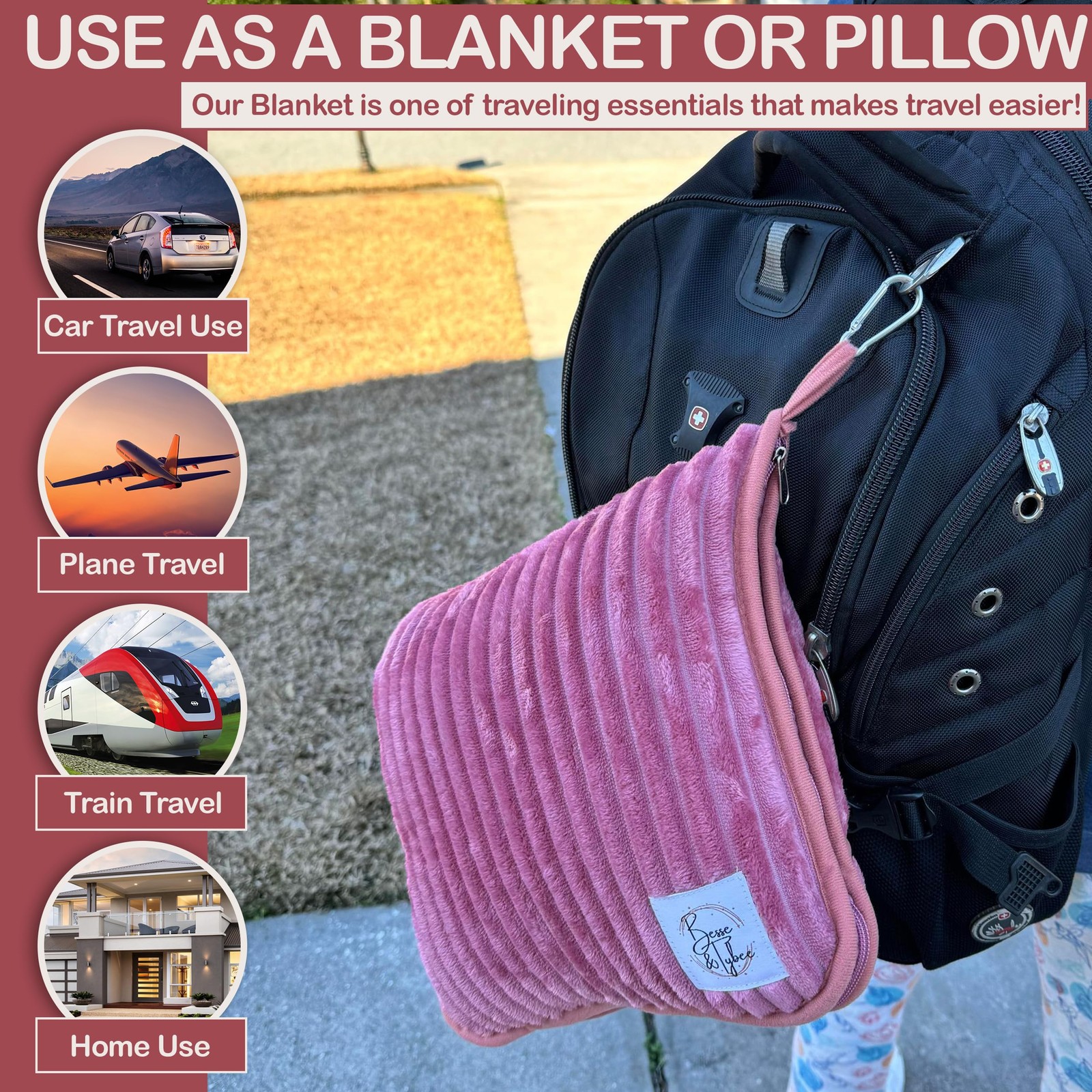 Premium Travel blanket pillow – XL 50″x70″ | 2 in 1 Full XL, Dusty Rose