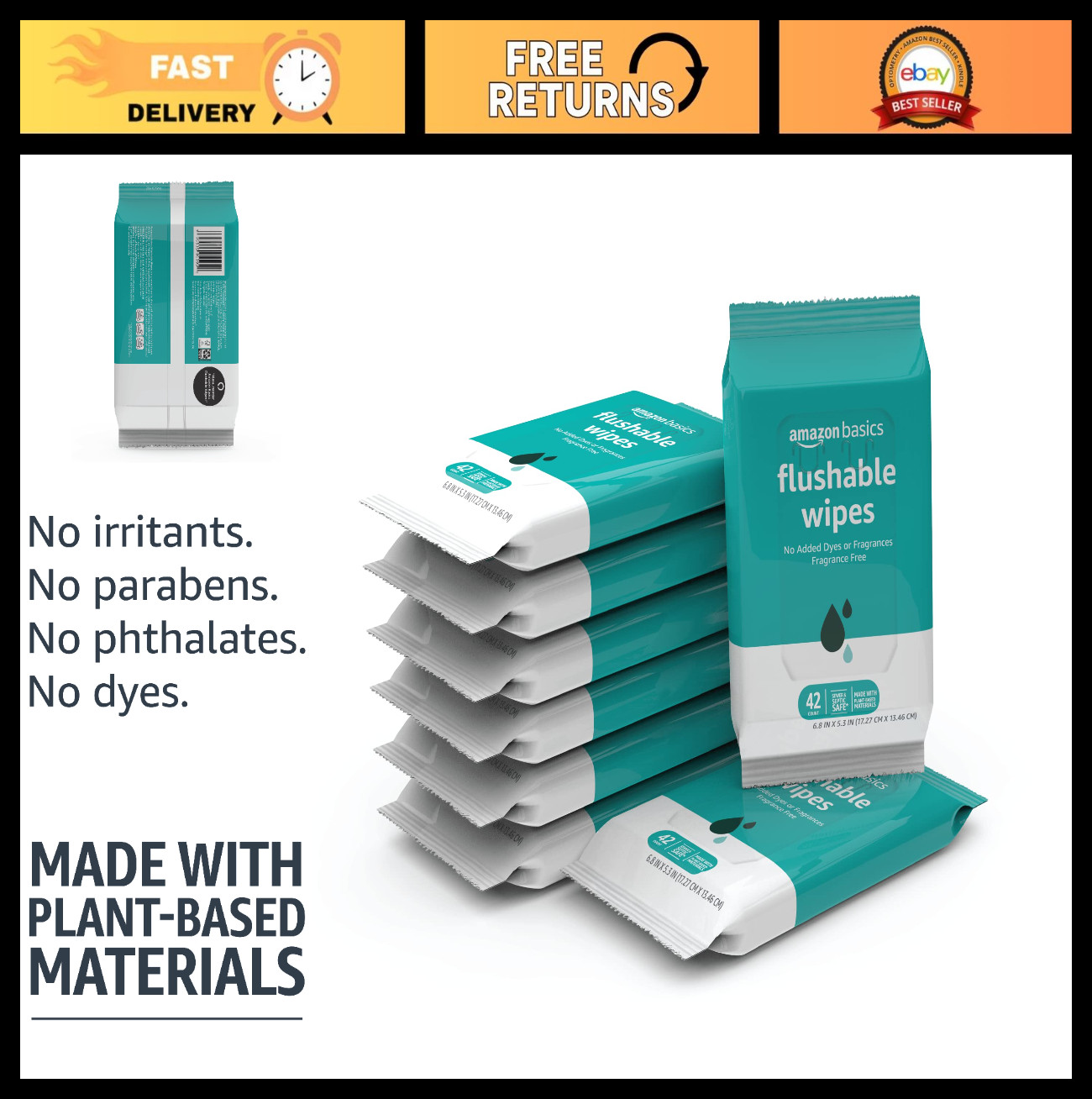 Flushable Adult Toilet Wipes, Fragrance Free, 42 Count – Pack of 8 (336 Total)
