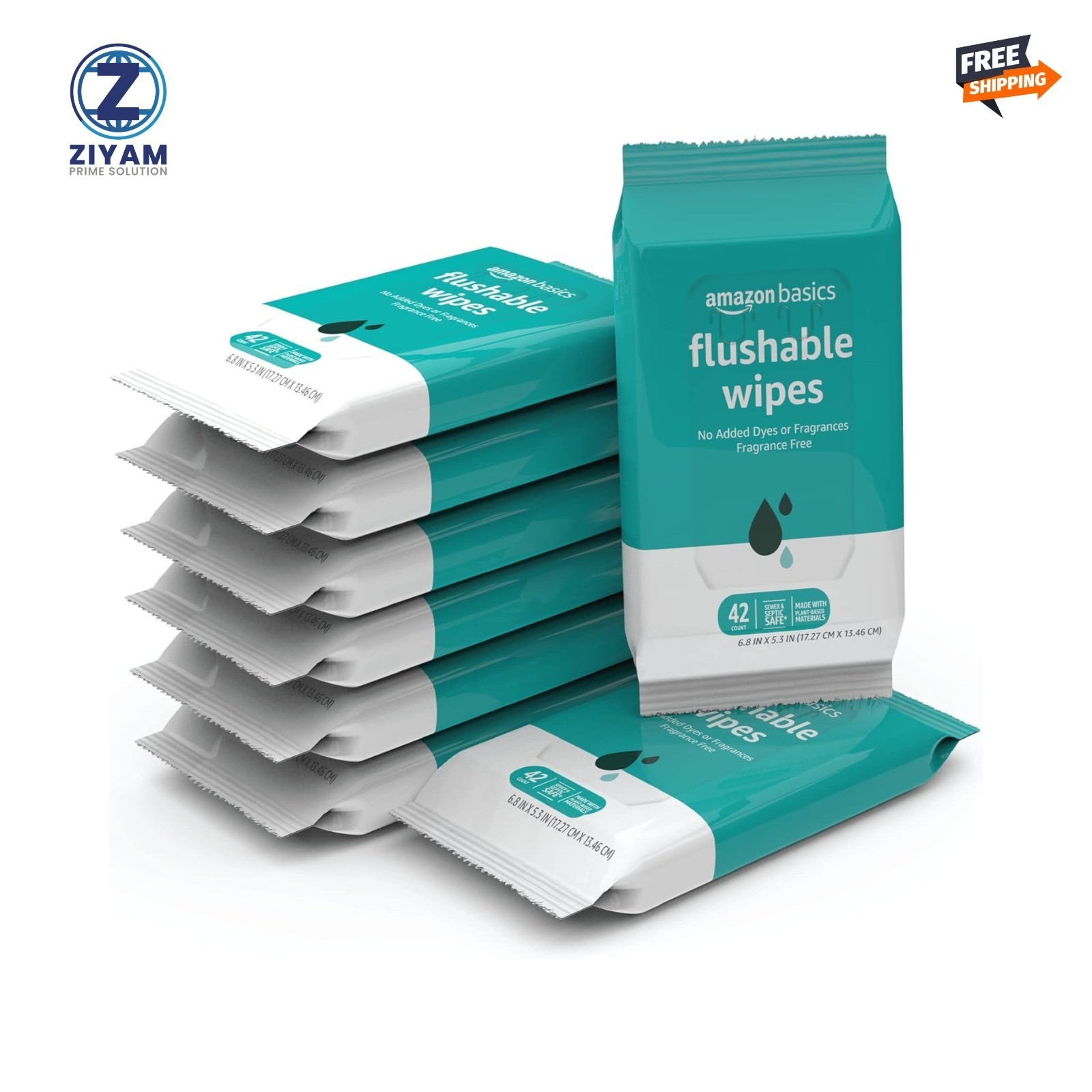 Amazon Basics Flushable Adult Toilet Wipes, 42 Count (Pack of 8), white