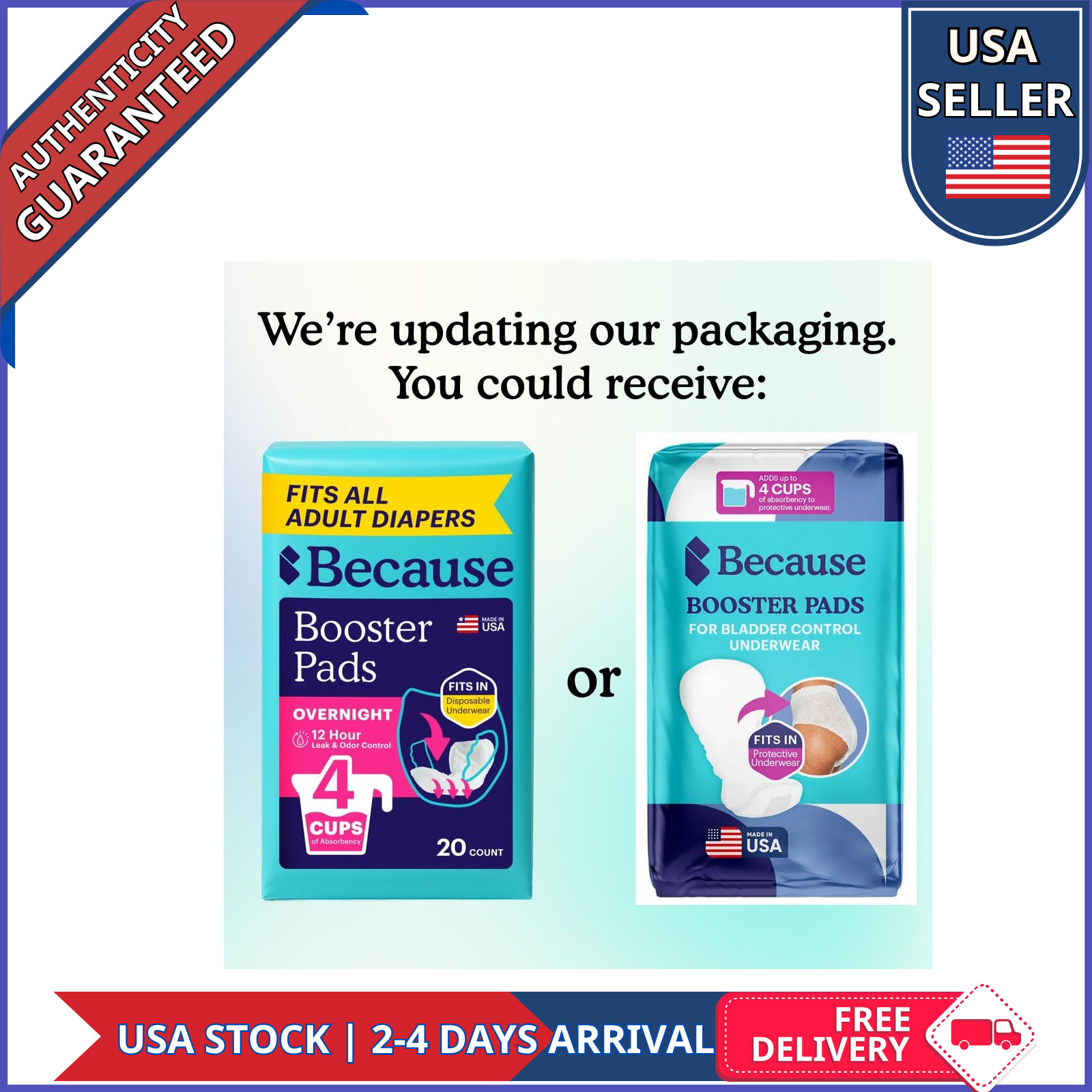 Because Overnight Booster Pads Adult Diaper Inserts 22 Count Extra Absorbency Up